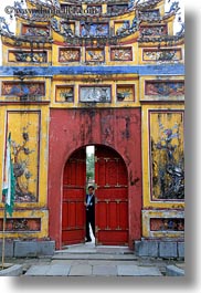 asia, citadel, doors, hue, men, red, vertical, vietnam, photograph