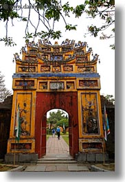 asia, citadel, doors, hue, pagoda, red, vertical, vietnam, photograph