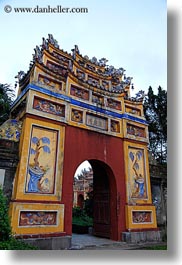 asia, citadel, doors, hue, pagoda, red, vertical, vietnam, photograph