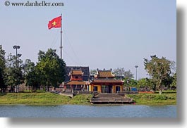 asia, citadel, flags, horizontal, hue, pond, vietnam, vietnamese, photograph