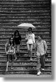 asia, asian, black and white, families, hue, people, stairs, umbrellas, vertical, vietnam, womens, photograph