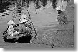 asia, asian, black and white, boats, clothes, conical, hats, horizontal, hue, people, vietnam, womens, photograph