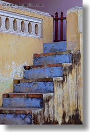 asia, blues, hue, stairs, thien mu pagoda, vertical, vietnam, walls, yellow, photograph