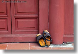 asia, doors, horizontal, hue, red, sandals, thien mu pagoda, vietnam, photograph