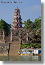 asia, boats, hue, pagoda, thien, thien mu pagoda, vertical, vietnam, photograph