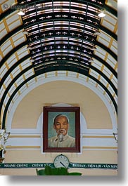 archways, asia, ceilings, clocks, portraits, post office, saigon, vertical, vietnam, photograph