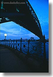 australia, bridge, dusk, fences, harbor bridge, irons, materials, railing, structures, sydney, vertical, photograph