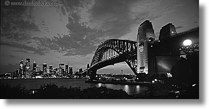 australia, black and white, bridge, cityscapes, harbor bridge, horizontal, nite, panoramic, structures, sydney, photograph