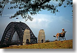 australia, branches, bridge, dans, harbor bridge, horizontal, men, nature, people, plants, structures, sydney, trees, photograph