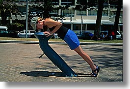 angle, australia, clothes, drinking, fountains, hats, horizontal, humor, jills, manly beach, people, sydney, tourists, womens, photograph