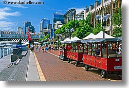 australia, bricks, buildings, cityscapes, crowds, horizontal, lamp posts, materials, people, promenade, streets, structures, sydney, tourists, trains, transportation, photograph