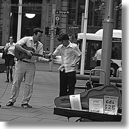 australia, bands, black and white, guitars, instruments, men, music, musicians, people, square format, sydney, urban gypsies, photograph