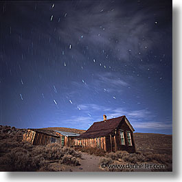 antiques, artifacts, bodie, california, exteriors, ghost town, landmarks, nite, north america, old west, square format, star trails, stars, state park, trails, united states, west coast, western usa, photograph