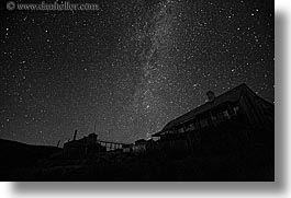 antiques, black and white, bodie, california, ghost town, horizontal, houses, long exposure, nite, over, star trails, stars, state park, west coast, western usa, photograph
