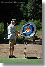 archery, arrows, baseball cap, bow, california, clothes, hats, kings canyon, men, target, vertical, west coast, western usa, photograph