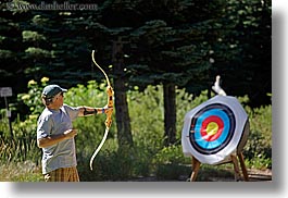 archery, arrows, baseball cap, bow, california, clothes, hats, horizontal, kings canyon, men, target, west coast, western usa, photograph