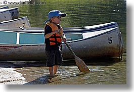 baseball cap, boys, california, canoes, childrens, clothes, hats, horizontal, jacks, kings canyon, paddle, people, west coast, western usa, photograph