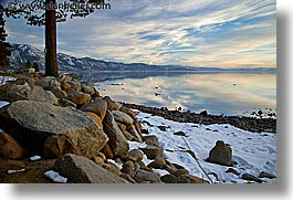 california, dusk, horizontal, lake tahoe, lakes, rocks, snow, west coast, western usa, photograph