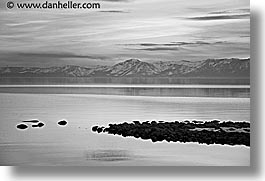 black and white, california, dusk, horizontal, lake tahoe, lakes, snow, sunsets, west coast, western usa, photograph