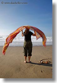 beaches, california, jack jill, jills, marin, marin county, north bay, northern california, ocean, people, scarves, vertical, west coast, western usa, photograph