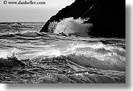 black and white, california, horizontal, marin, marin county, north bay, northern california, rock crash, rocks, san francisco bay area, splash, waves, west coast, western usa, photograph