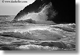 black and white, california, horizontal, marin, marin county, north bay, northern california, rock crash, rocks, san francisco bay area, splash, waves, west coast, western usa, photograph