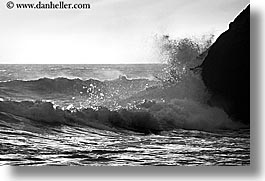 black and white, california, horizontal, marin, marin county, north bay, northern california, rock crash, rocks, san francisco bay area, splash, waves, west coast, western usa, photograph