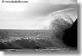 black and white, california, horizontal, marin, marin county, north bay, northern california, rock crash, rocks, san francisco bay area, splash, waves, west coast, western usa, photograph