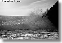 black and white, california, horizontal, marin, marin county, north bay, northern california, rock crash, rocks, san francisco bay area, splash, waves, west coast, western usa, photograph