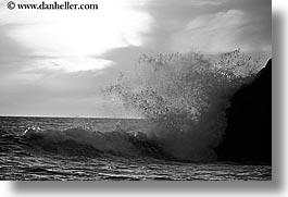 black and white, california, horizontal, marin, marin county, north bay, northern california, rock crash, rocks, san francisco bay area, splash, waves, west coast, western usa, photograph