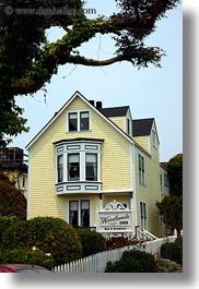 branches, buildings, california, colors, headlands, inn, mendocino, signs, vertical, victorians, west coast, western usa, yellow, photograph