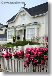 buildings, california, colors, fences, flowers, houses, mendocino, structures, vertical, victorians, west coast, western usa, yellow, photograph