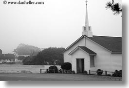 black and white, buildings, california, churches, horizontal, mendocino, methodist, steeples, structures, towers, west coast, western usa, white, photograph