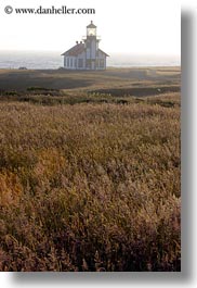 buildings, cabrillo, california, days, fields, fog, haze, lighthouses, mendocino, structures, vertical, west coast, western usa, photograph