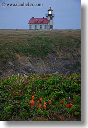 buildings, california, days, dusk, flowers, lighthouses, mendocino, structures, vertical, west coast, western usa, photograph