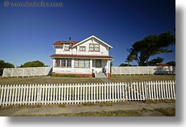 california, fences, horizontal, houses, lighthouses, mendocino, picket, west coast, western usa, white, photograph