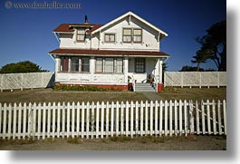 california, fences, horizontal, houses, lighthouses, mendocino, picket, west coast, western usa, white, photograph