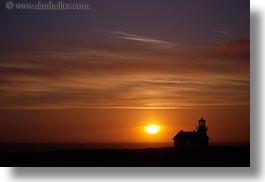 buildings, california, clouds, colors, horizontal, lighthouses, mendocino, nature, oranges, silhouettes, sky, structures, sun, sunsets, west coast, western usa, photograph