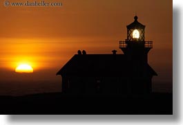 buildings, california, clouds, colors, horizontal, lighthouses, mendocino, nature, oranges, silhouettes, sky, structures, sun, sunsets, west coast, western usa, photograph