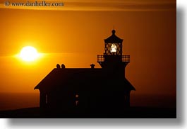 buildings, california, colors, horizontal, lighthouses, mendocino, nature, oranges, silhouettes, sky, structures, sun, sunsets, west coast, western usa, photograph