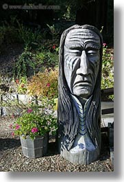 arts, california, carvings, heads, indians, materials, mendocino, sculptures, statues, vertical, west coast, western usa, woods, photograph