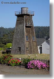 buildings, california, flowers, mendocino, nature, structures, towers, vertical, water towers, west coast, western usa, photograph