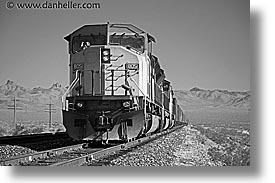 black and white, california, horizontal, nipton, trains, west coast, western usa, photograph