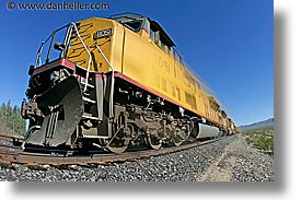 california, fisheye lens, horizontal, nipton, trains, west coast, western usa, yellow, photograph