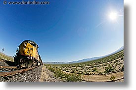 california, fisheye lens, horizontal, nipton, trains, west coast, western usa, yellow, photograph