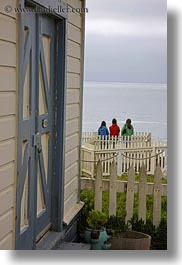 california, colorful, fences, girls, jackets, picket fence, pigeon point lighthouse, structures, vertical, west coast, western usa, photograph