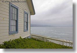 california, fences, horizontal, houses, ocean, picket, picket fence, pigeon point lighthouse, structures, west coast, western usa, photograph