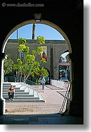 archways, balboa park, california, san diego, sitting, stairs, structures, under, vertical, west coast, western usa, womens, photograph