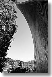 black and white, buildings, california, de young, de young museum, golden gate park, museums, san francisco, towers, trees, vertical, west coast, western usa, photograph