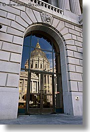 california, city hall, reflections, san francisco, vertical, west coast, western usa, windows, photograph